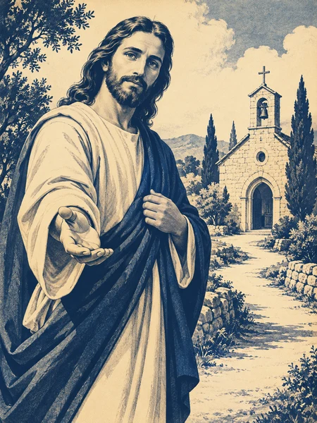 Navy-and-cream illustration of Jesus extending His hand, His robe continuing to the bottom of the image, beside a church and sunlit path.