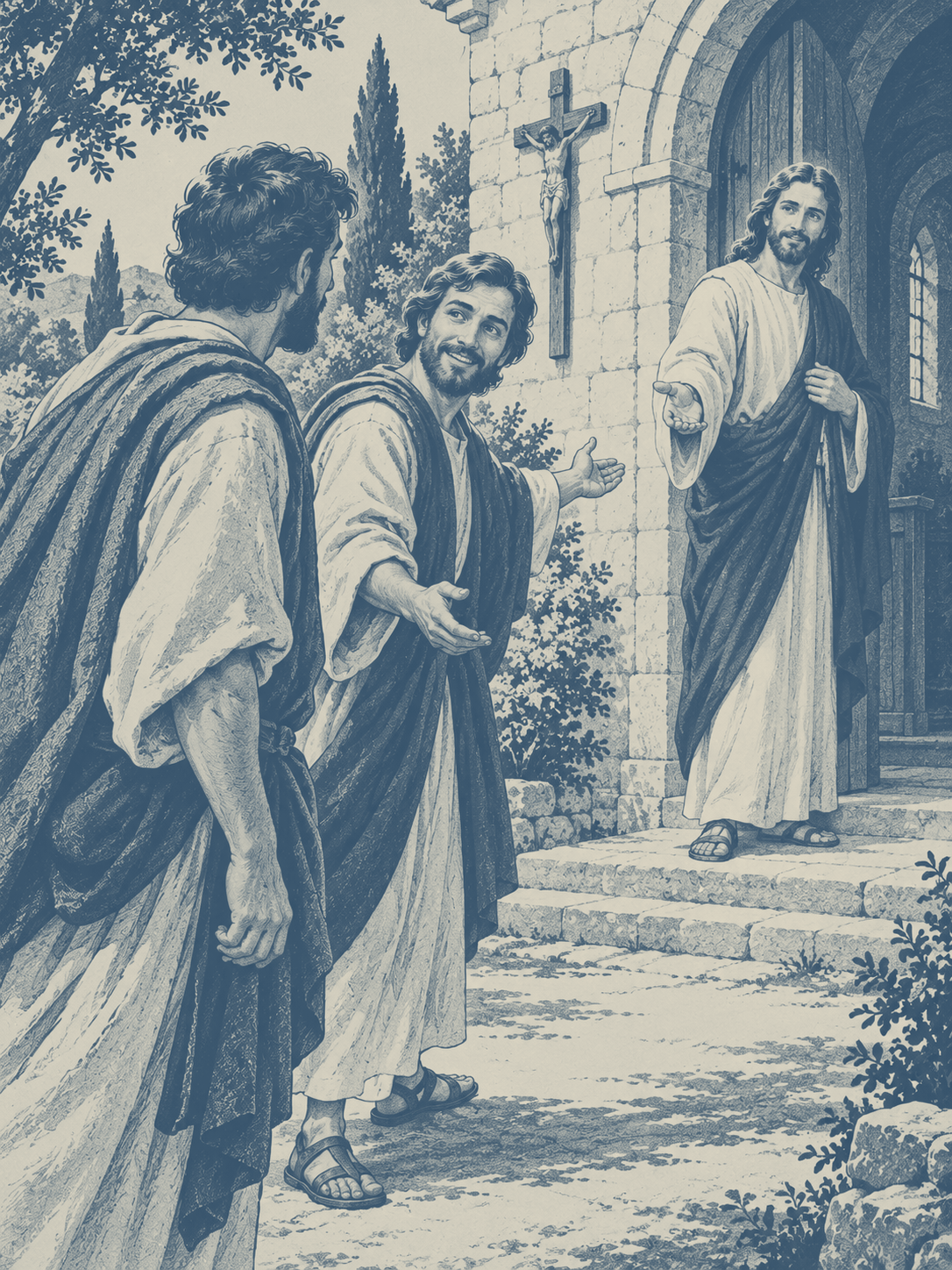Philip invites Nathanael toward Christ at an open Catholic church doorway.