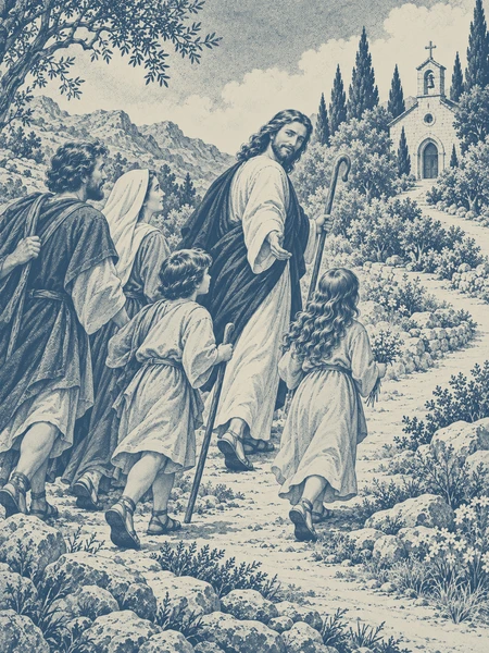 Christ the Good Shepherd leads a family along a path toward a Catholic church.