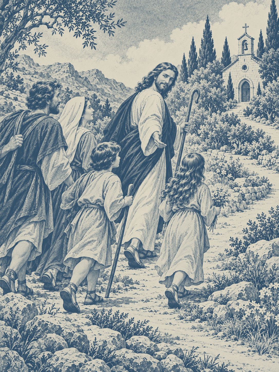 Christ the Good Shepherd leads a family along a path toward a Catholic church.