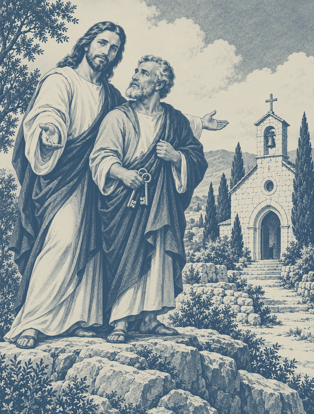 Christ stands with Peter holding keys on a rock foundation beside a Catholic church.