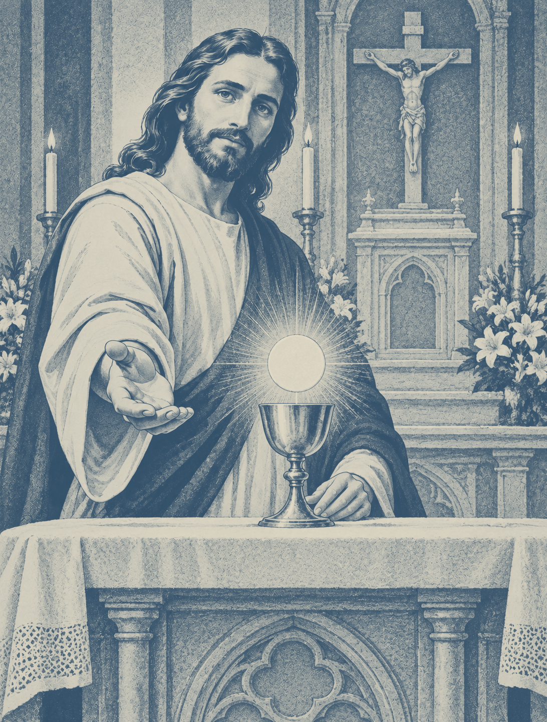 Christ invites the viewer toward a radiant Eucharistic host and chalice at an altar.
