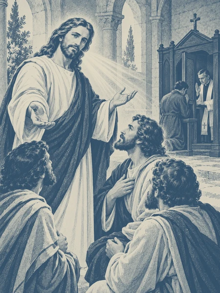 The risen Christ commissions the apostles, with a priest hearing confession in the background.